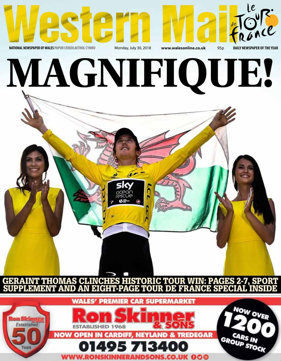 paulrowland1's tweet photo. Here's tomorrow's Western Mail. We wanted to turn the whole thing yellow but we couldn't find enough yellow paper, so this is the next best thing. I think I make it 19 @LeTour pages in total. What a day! #TDF2018 @GeraintThomas86 https://t.co/4jBBJCibFl