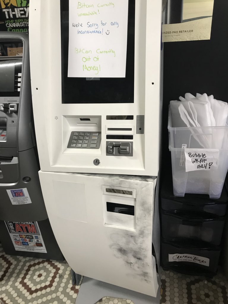 bitcornergy's tweet photo. Tried to hit a Bitcoin ATM quick, somebody robbed it last Friday :( https://t.co/Eywn9IeMQl