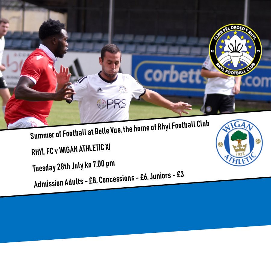 rhylfc's tweet photo. TUESDAY NIGHT 

Pre season friendlies continue as we welcome a Wigan Athletic XI to Belle Vue on Tuesday evening as Rhyl's summer of football continues ko 7pm https://t.co/csJKWcJQzo