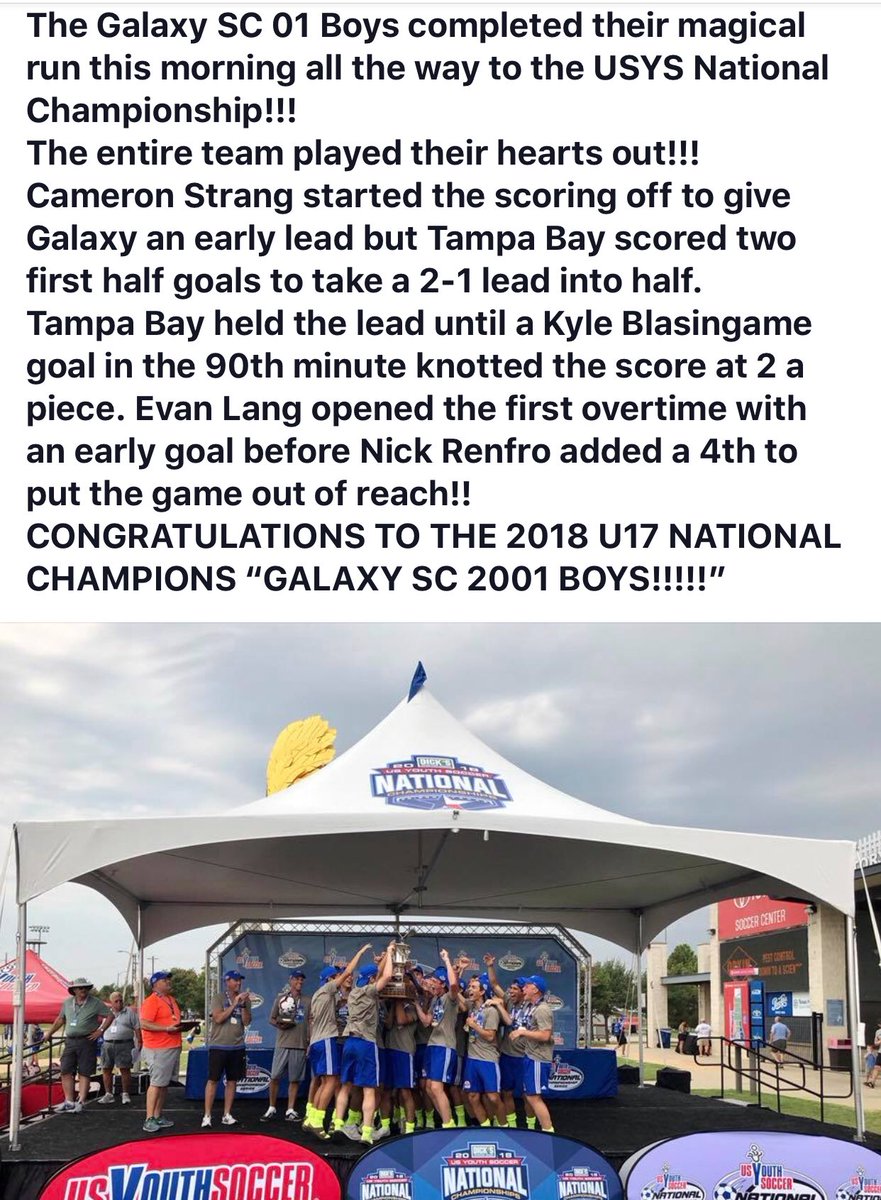 GalaxySCIL's tweet image. CONGRATULATIONS TO THE 2018 U17 NATIONAL CHAMPIONS “GALAXY SC 2001 Boys” #galaxysc #bluenation #roadtotx #theroadendshere #20yearsstrong @usysncs @ILYOUTHSOCCER