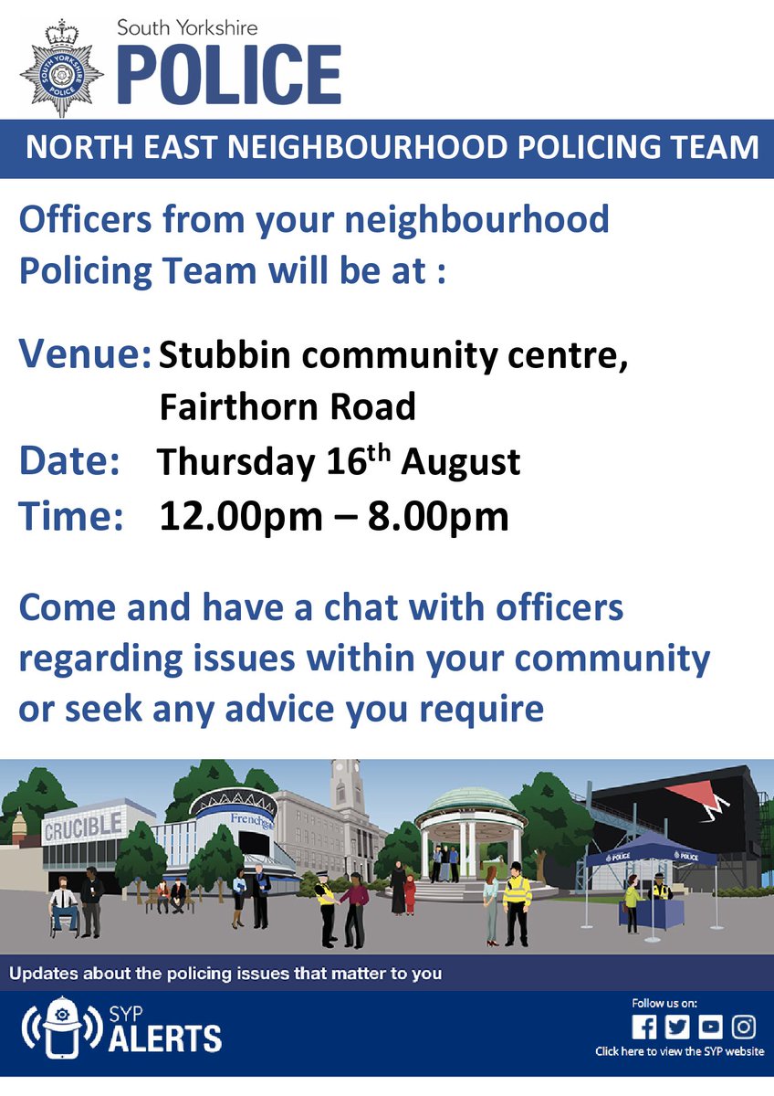FirthParkCF's tweet photo. The next pop in police station event will be in Stubbin Community Centre on Thursday 16th August. Check out the poster for more details. @NorthEastSheff @SheffNE_NHP @FoFirthPark @FirthParkAllot @FParkSurgery @firthparkfest @FirthParkAcad https://t.co/da96a9Epcc