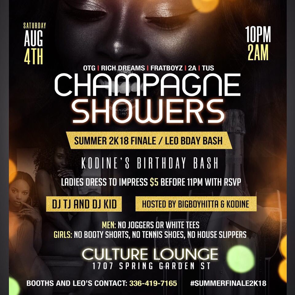 Saturday August 4th 🎥🎥🎥

#MrBringTheWholeCityOut‼️(@Biggboy_Hitta )

#ChampagneShowers 🍾🍾🍾
#SummerFinale2k18

@ The Culture Lounge 

Hosted By @Biggboy_Hitta  @kaiyah_baiyah 

RSVP Your Your Tickets Now 
Summerfinale2k18.eventbrite.com

#TURNUPSQUAD #OTG #FRATBOYZ #2A #TLC