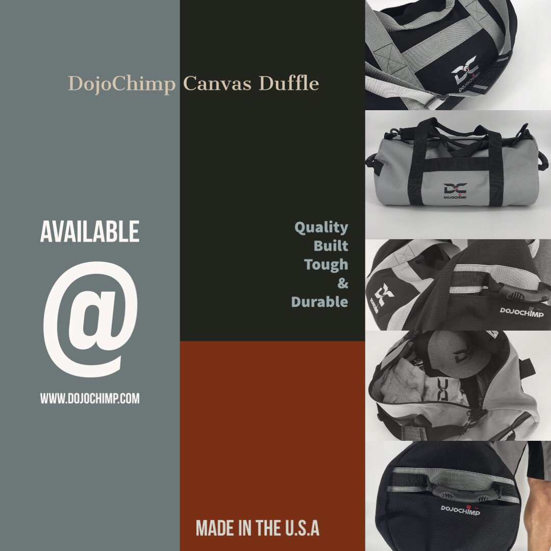 DojoChimp's tweet photo. ”Old School” DojoChimp Canvas Duffle©️Heavy duty canvas, built tough in the U.S.A🇺🇸Room for all your training gear. Worldwide 🌎#bags #training #travel #jiujitsu #bjj #brazilianjiujitsu #norcal #keepitlocal #grappling #oldschool #practice #cali #madeinamerica https://t.co/04CePVjLDL
