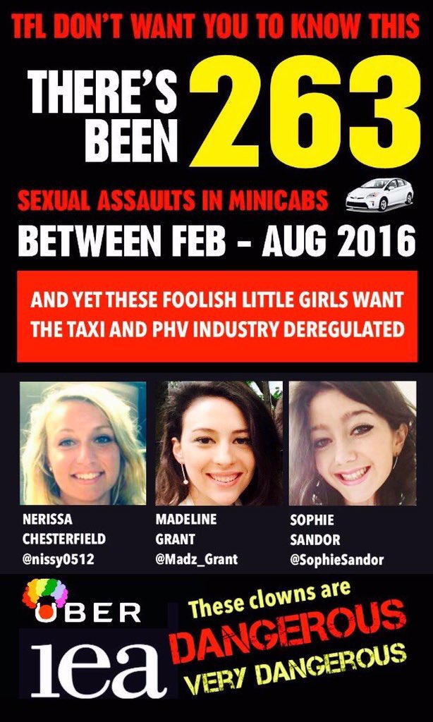 DDDaughters's tweet photo. While #Women we’re being #sexuallyassaulted in #Uber cars. The @iealondon we’re actively lobbying for deregulation for #Taxis and #Minicabs so Uber and their Tory investors like #BlackRock could carve up the industry !! @guardian #BreakingNews #MondayMotivation #BBC #Chumocracy https://t.co/hV37YjT0CU