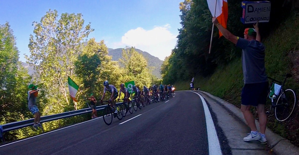 CaperTeach's tweet photo. Epic week last in the Pyrenees chasing @DanMartin86 up some ludicrous climbs. Inspirational to follow a rider for whom the question isn't if he'll attack, but when... #Tdf2018 #IrishCorner #SuperCombative #DanForSam https://t.co/LAcMyoKSG7