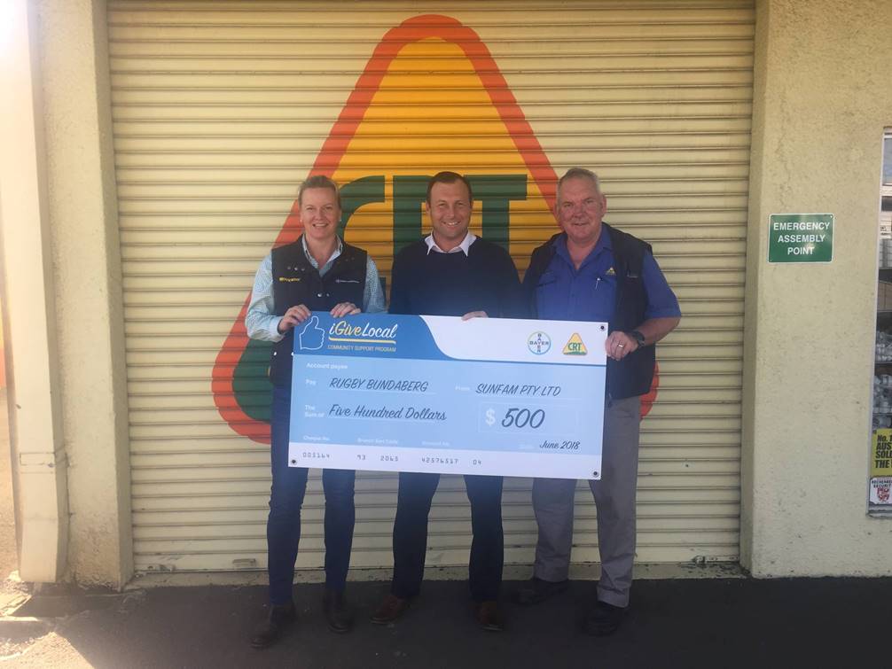 CRT_Australia's tweet image. Recently Sunfam's Managing Director, Ian Loeskow, together with Lore Saupp-Saunders from Bayer Crop Science presented Luke McCloskey from Rugby Bundaberg with a cheque for $500 for continued support in developing sporting clubs within the community. #CRT #igivelocal