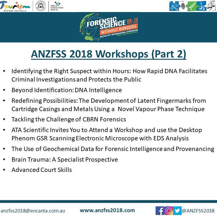 ANZFSS_WA's tweet photo. Unable to attend the #ANZFSS2018 #Symposium but still interested in participating in one of the #Workshops? Don’t worry, we’ve got you covered. Workshop only registrations are available - visit https://t.co/Dz4gDwwsY2
#forensics #forensicscience #conference #workshopregistration https://t.co/dxOBO4IAd5