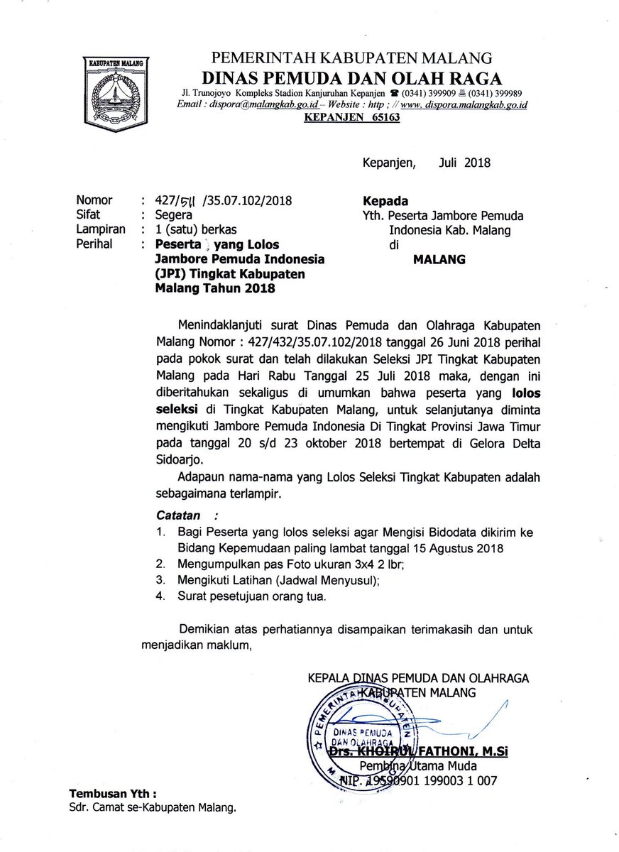 disporakabmlg's tweet photo. Pengumuman Hasil Seleksi Jambore Pemuda Indonesia (JPI) Tingkat Kabupaten Malang Tahun 2018
#jpi2018 #dutapemuda #bidangkepemudaan #disporakabmalang https://t.co/XriQmMbQdl