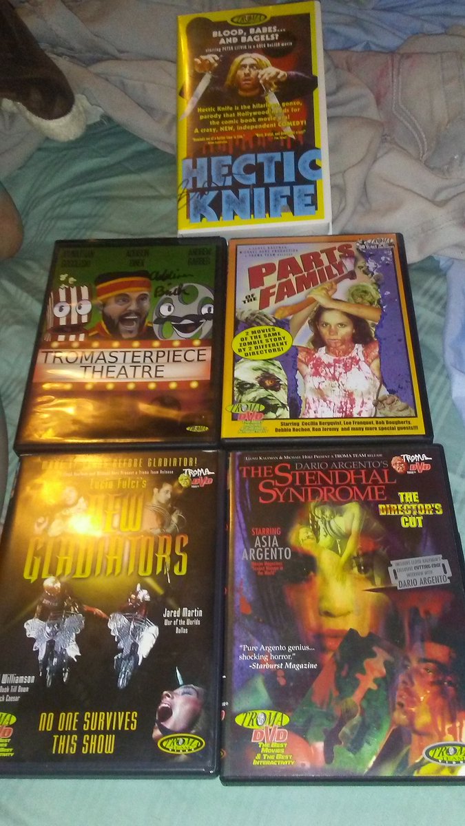 It was a #TromaTreasures weekend. Look at the @Troma_Team
gems we picked up at #grossfest @lloydkaufman @HecticKnife @AsiaArgento @DebbieRochon @RonJeremy_VR  #fredwilliamson #TheStendhalSyndrome #PartsoftheFamily #newgladiators