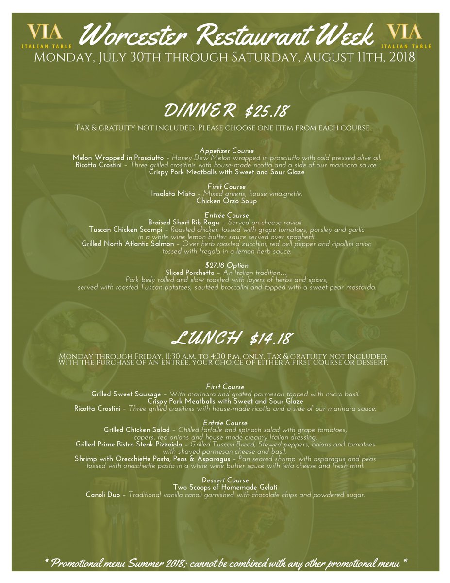 VIAItalianTable's tweet photo. Starting tomorrow, Monday, July 30th, Worcester Restaurant Week begins!
Take a sneak peek at our menu featuring three courses for only $25.18.
#worcesterrestaurantweek #restaurantweek #threecourses #worcester #worcesterma #centralmass #massachusetts #worcesterrestaurantgroup https://t.co/Or0Wmj4vWb