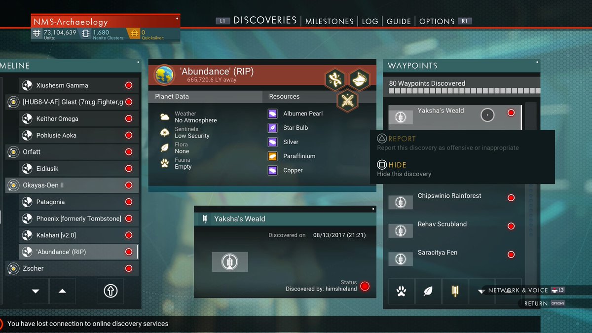 NMSarchaeology's tweet photo. On 6 May 2018 I wrote about the ghost world of Abundance (@himshieland): https://t.co/XCruQ78fFo. This is what Abundance looks like now (29 July 2018). #LegacyHub #GalacticHub #NMSAS #NoMansSky https://t.co/eOF1tfXIWF