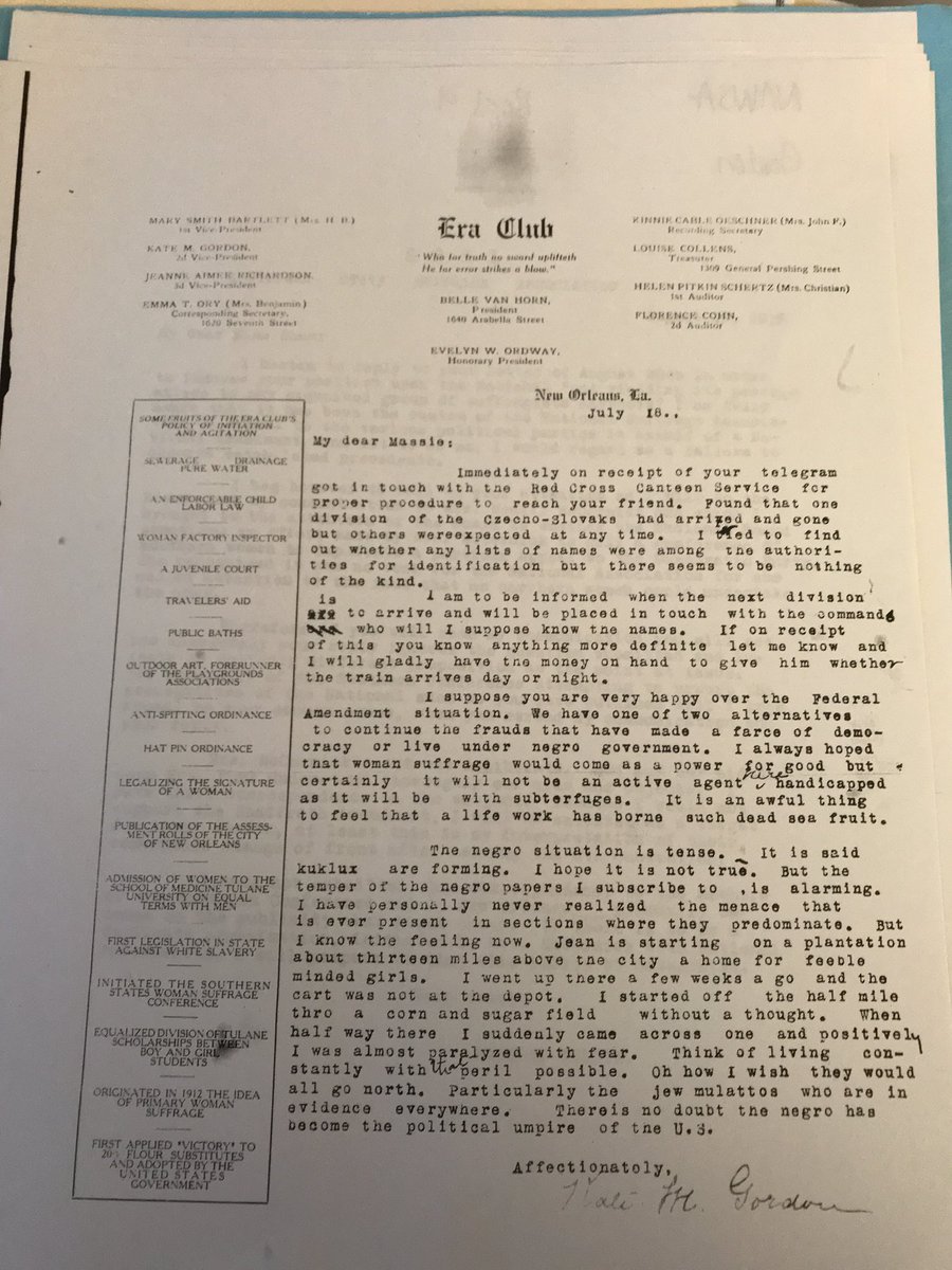 This is a letter from Kate Gordon—one of 2 sisters who played a BIG role in Southern white suffrage organization. She is writing on ERA letterhead at a time she was an officer of it and the Louisiana State Suffrage Association. The letter is archived in NAWSA files.