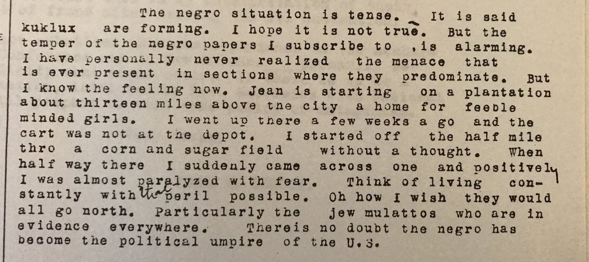 The starkest part of the letter is the closing paragraph. She is blaming black people for the rise of the KKK—they are “instigating” organizing for their rights. And she’s got the trope of scared white lady down: