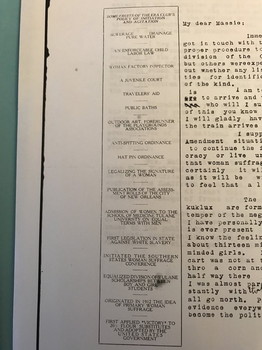 But I want you to take a good look at the side bar of the letter head. It is a list of ERA club “achievements.” And I want you to re-think what the suffrage movement meant—because it embraced her whole list.