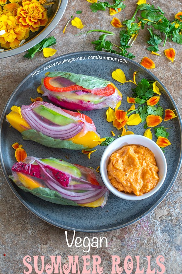 Have you tried these vegan homemade summer rolls?  They are really easy to make and very colorful. Served with a peanut satay sauce.   healingtomato.com/summer-rolls/ #vegan #meatlessmonday #HealthyLiving <a href="/MeatlessMonday/">Meatless Monday</a>
