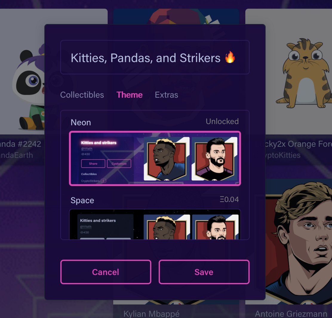 We now offer individual paid themes you can unlock! In addition to free and pro themes, these paid themes are unique and open up other ways to design your collections. 

Pro users also get 20% off all theme purchases going forward 🚀

Check them out @ nifty.gallery