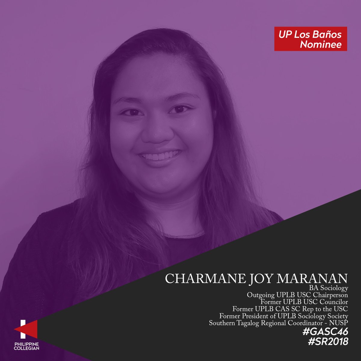 phkule's tweet photo. #GASC46 #SR2017: A new student regent will be selected later. Will it be UPLB nominee Charm Maranan? Get to know her more in this interview: https://t.co/wr7z6ONyVu