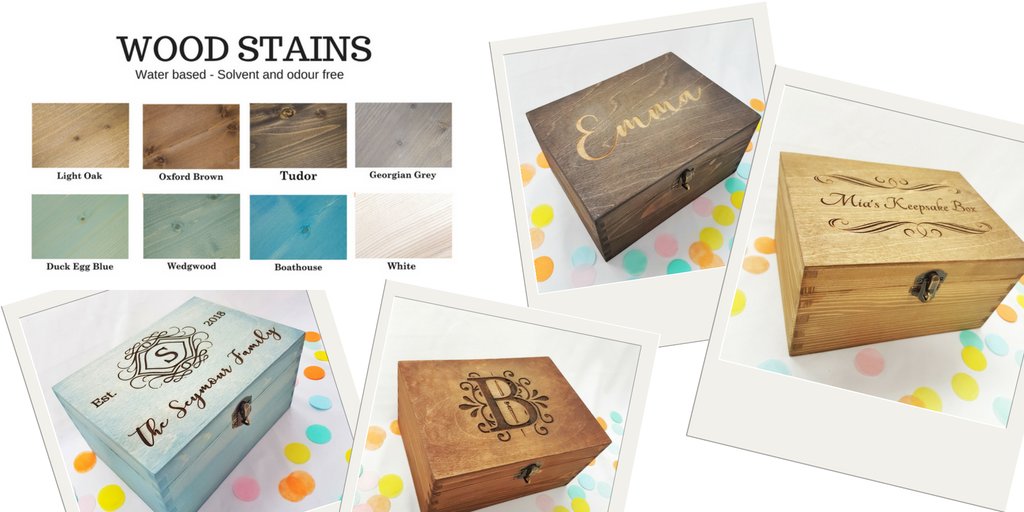 Our solid pine wood boxes are custom engraved, and finished with beautiful, water-based wood stains, available in a range of colours! Take a look at our full range here: bit.ly/2juzwqe #handmade #giftideas #craft #etsy #blogger #woodworking