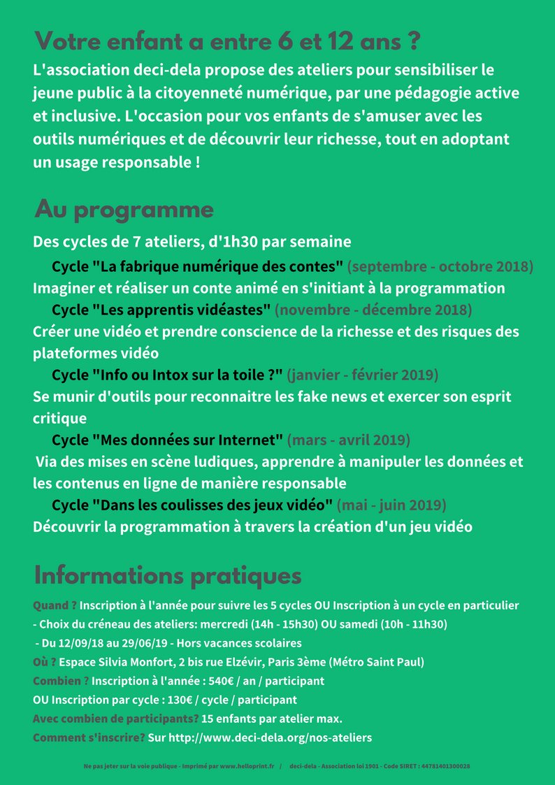 Notre #MondayMotivation, ce sont nos ateliers numériques qui vont bientôt commencer en septembre à l'espace Silvia Monfort (Paris 3e) 🙌🏻 

Pour plus d'informations 
➡️ deci-dela.org/nos-ateliers