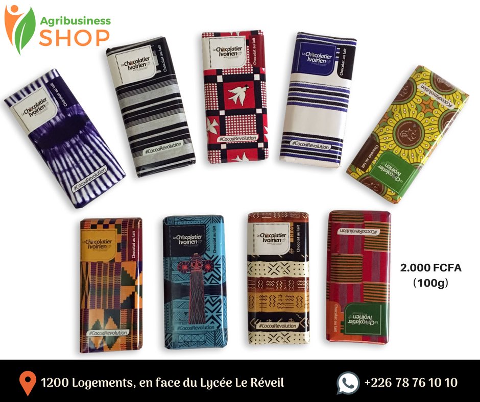 AgribizShop's tweet photo. Les tablettes de chocolat (noir et au lait) sont toujours disponibles chez #AgribusinessShop ! Prix : 2.000 FCFA la tablette de 100g.

📍1200 Logements, en face du Lycée le Réveil 
☎️ +226 78 76 10 10 #Lwili #CocoaRevolution https://t.co/Zy8h6aUk0L