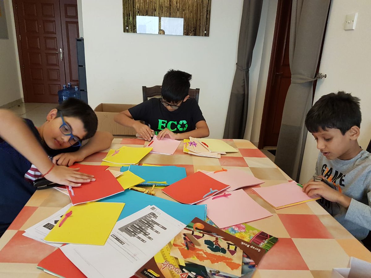 EcoWarriorsdxb's tweet photo. Eco Warriors reused leftover pages from old notebooks to create new ones for underprivileged children in rural schools in India. @khda
#upcycle #reducereuserecycle #8weekstreak https://t.co/f6coY6seu2