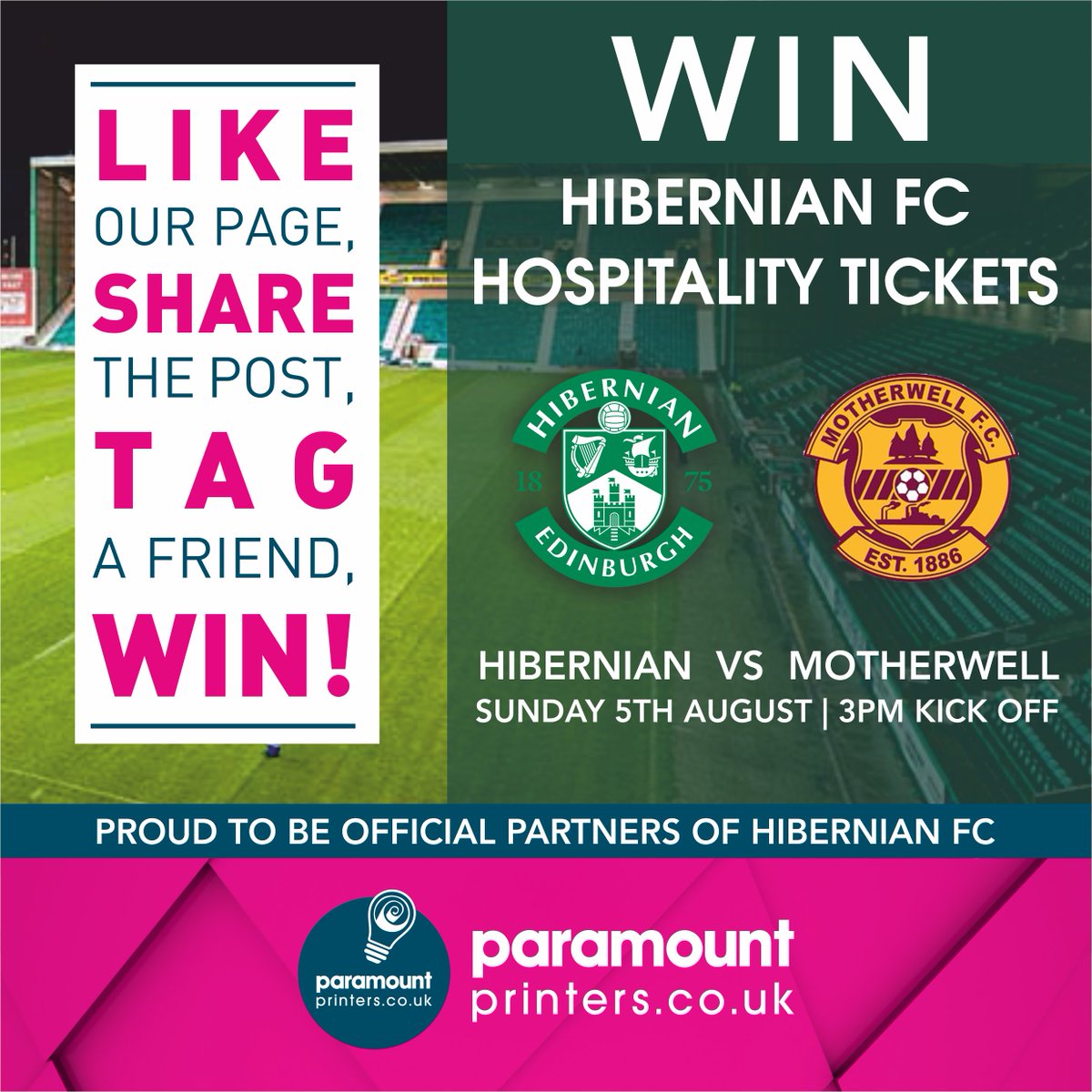 ParamountEdi's tweet photo. PRIZE DRAW 📣 Hibernian FC Executive Hospitality Tickets GIVEAWAY!
HOW TO ENTER: FOLLOW our Pgae, LIKE our Post, SHARE this Post and TAG the Friend you would like to bring!
#CompetitionTime #Hibs #football #win #HibernianFC #MondayMotivation #ParamountPrinters @HibsOfficial https://t.co/ByvieYlsV5