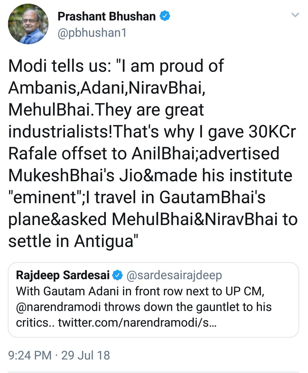DevendraPai's tweet photo. RT if you want @TwitterIndia to suspend @pbhushan1 for sharing fake news about PM @narendramodi. 

Bhushan uses inverted commas meaning he is quoting Modi ji, whereas the PM has never said anything like this. https://t.co/xS7UZBOBnJ