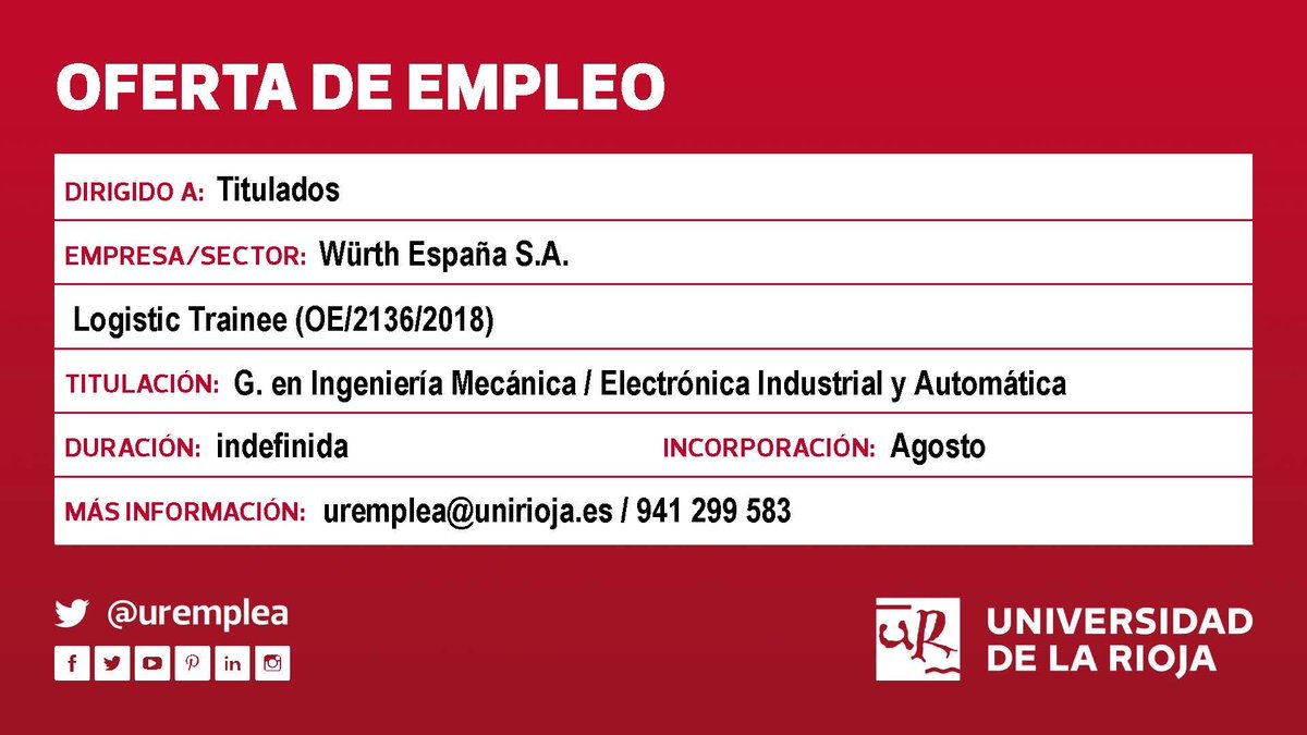 uremplea's tweet photo. ✔Oferta #empleo #titulados #IngenieríaElectrónica #IngenieríaMecánica en @WURTH_ES Inicio: agosto +info👉https://t.co/sro6pbwXt0 https://t.co/mSOeDYDpkp