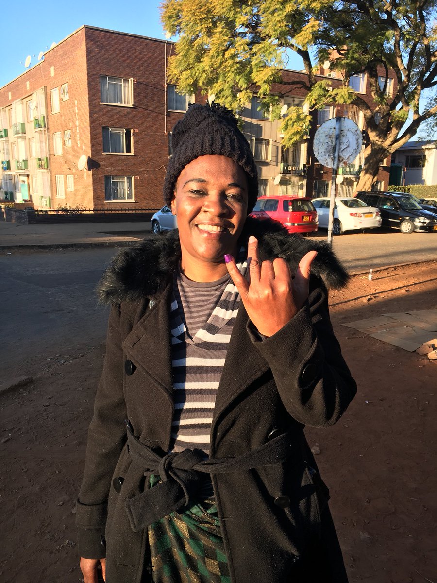 In #Harare, Sibongile Jyoto, 1st in line at 3:15am has voted at David Livingston school. “I want to save my country,” she says. #ZimDecidesElections2018 #ZW2018 # #ZimDecides2018