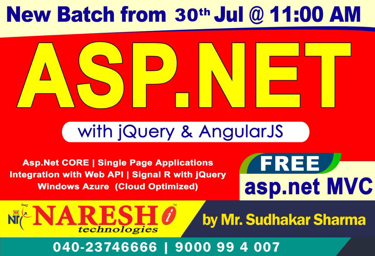 nareshitech's tweet image. Learn Asp.Net with #jQuery &amp;amp; #AngularJS by Mr. Sudhakar Sharma from 30th July @ 11:00 AM
Course Content: nareshit.in/asp-net-mvc-tr…
#AspDotNetMVCTraining