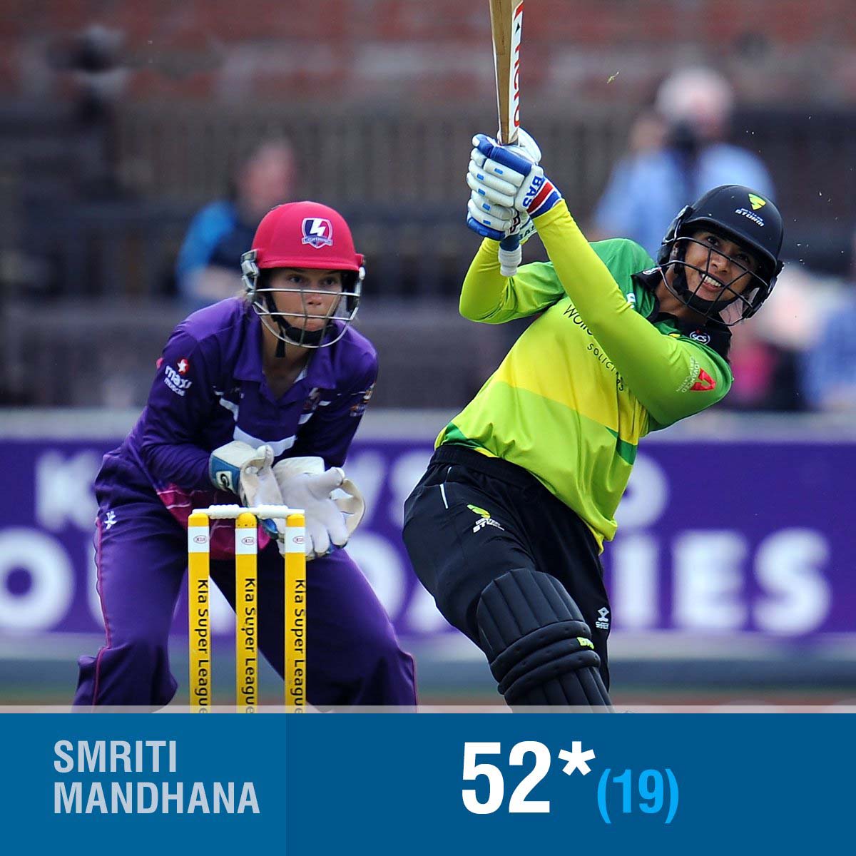 MalluSports's tweet photo. @mandhana_smriti smashes an 18-ball fifty and remained unbeaten on 52 off 19 deliveries in a match that was reduced to six overs. Her innings featured five fours and four sixes. #T20Blast #SmritiMandhana https://t.co/mcmOX3GyCI