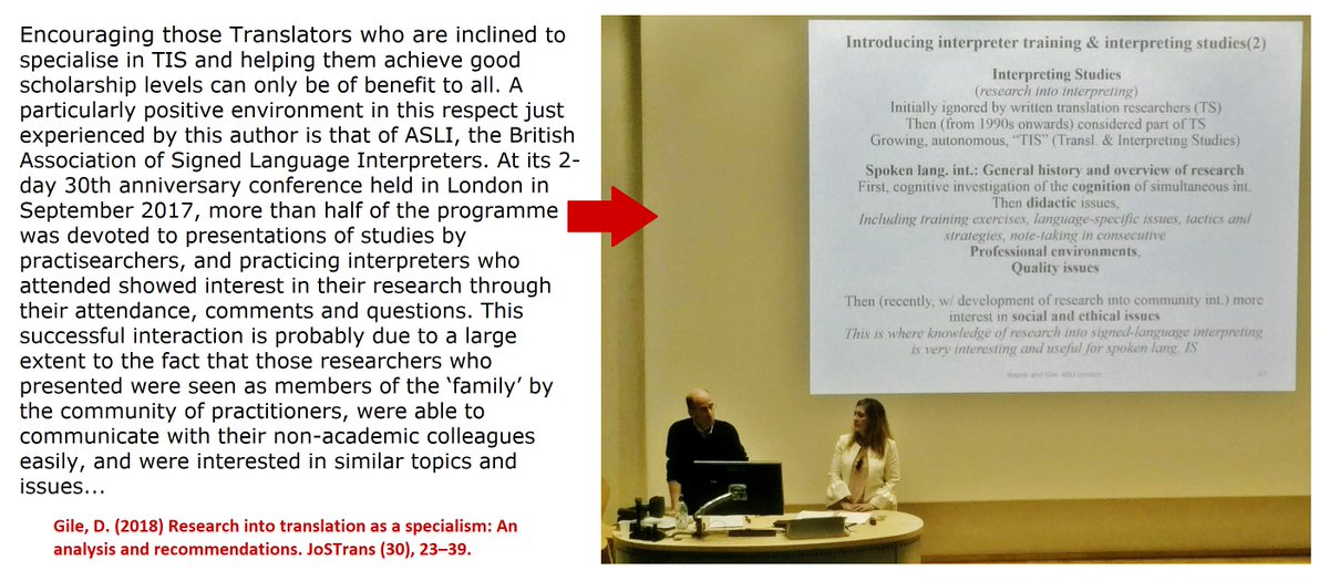 interphistory's tweet photo. Props from Prof. Gile for 30th Anniversary 2017 @ASLIUK Conference in the Jul 2018 JoSTrans (Journal of Specialised Translation) - https://t.co/j5Z4mlsIFH - Glad to have seen him there with @JeminaNapier and my fellow #practisearchers! #interpredemics https://t.co/8c7wx6H89v