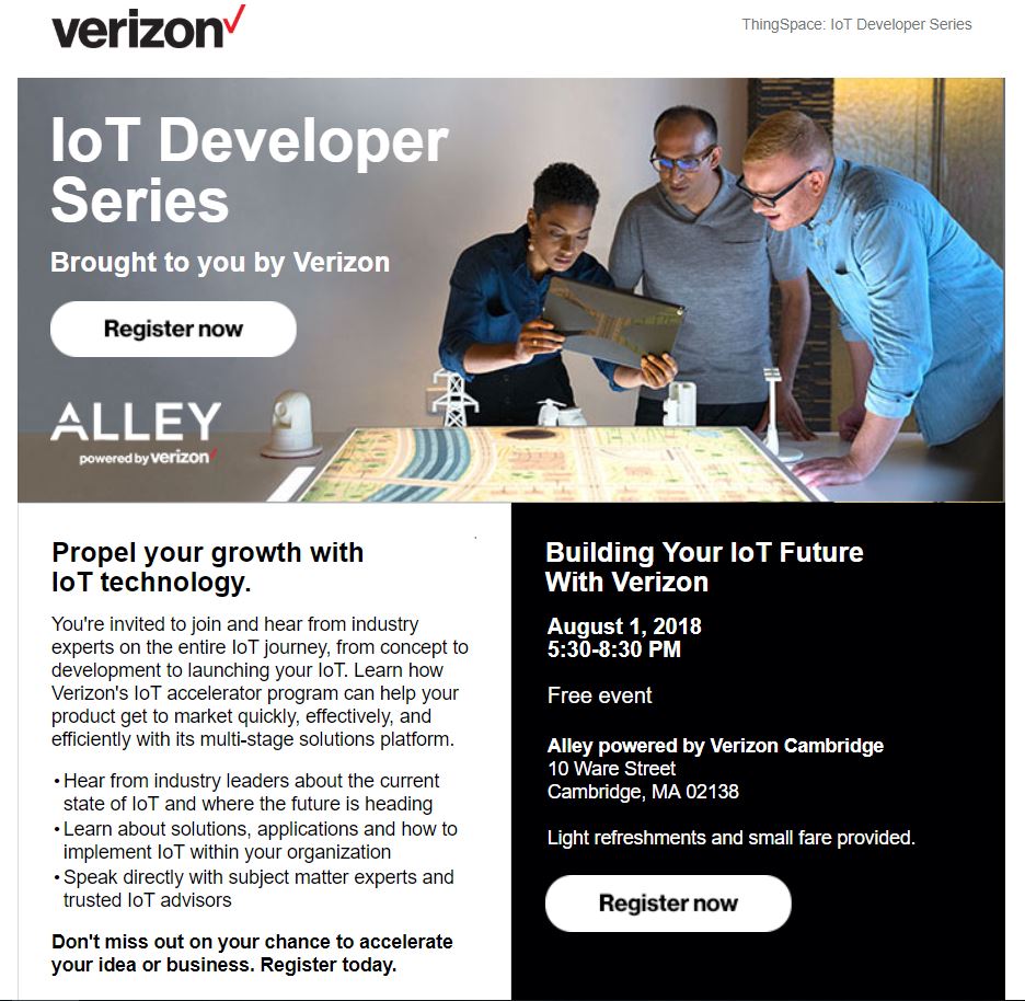 Bittium's tweet photo. Bittium attends the event “ThingSpace: Building Your IoT Future with Verizon” 1st August in Cambridge. Jani Lyrintzis from #Bittium will join a panel discussion about #ThingSpace Ready: How it can help you! Register today: https://t.co/zFmYIfbHkO https://t.co/gXGHfzSFzb