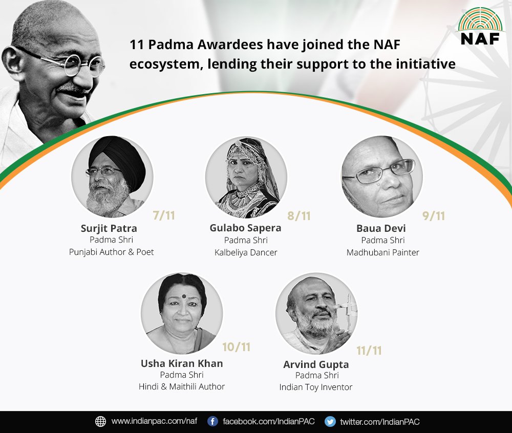 IndianPAC's tweet photo. We're proud to bring to you 11 Padma Awardees who have lent their support to #NationalAgendaForum till date! 
We thank them for their invaluable support in our efforts to spread Gandhiji's message. #SupportforNAF (2/2) https://t.co/UPS1AHYQk6