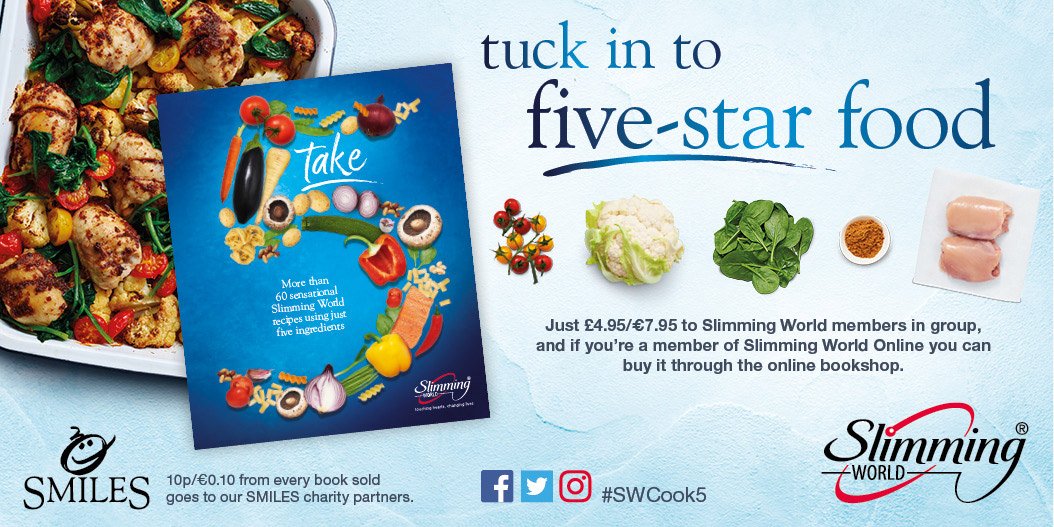 SlimmingWorld's tweet photo. Is five your lucky number? It is now! Liven up your #summer meal plans with a host of simple and satisfying ideas in our new 'take 5' recipe book! Out now in #SlimmingWorld groups and in our online bookshop. #SWCook5 https://t.co/gs9qJP1dAR
