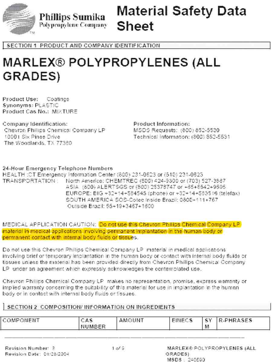 RogerTh71142375's tweet photo. Must see documentary #TheBleedingEdge mentions #jnj polypropylene mesh. #polyproplene is a #petroleum resin #plastic. When supplier became aware of human implantation, they issued this statement warning Johnson&amp;Johnson not to use in the human body. #WeWontStop #WeAreTheData https://t.co/8G6NR10OZR