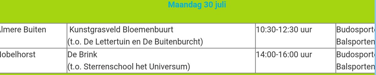 Vandaag kan je in de ochtend bij de <a href="/cf_sport/">CF Sport</a> terecht in de <a href="/Bloemenbuurt036/">Bloemenbuurt Almere</a> en vanmiddag in <a href="/dorpnobelhorst/">Nobelhorst</a> voor bal- en budosporten (zelfverdedigingssporten). Deelname is voor kinderen t/m 14 jaar en is gratis!

@GMAlmereHaven

#heelAlmereinbeweging #gezondejeugd