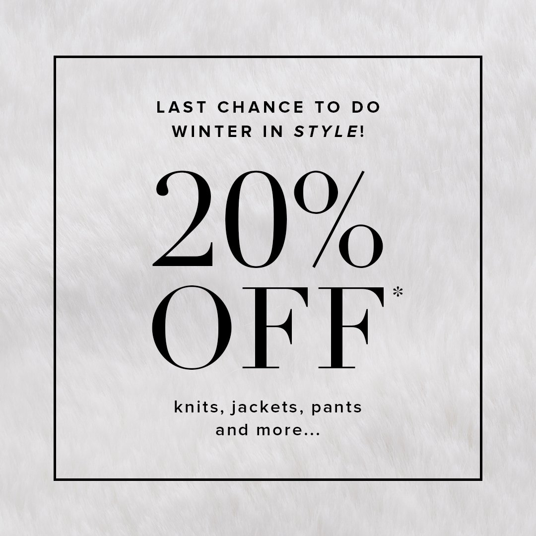 20% OFF WINTER STYLES*! ❄️
Let's finish off winter in style.

Use code 'SAVE20' at checkout. 

Shop Sale &gt; bit.ly/2AklaUV

*Ends 11:59pm 06.08.2018. Selected styles and colours listed. Subject to terms and conditions