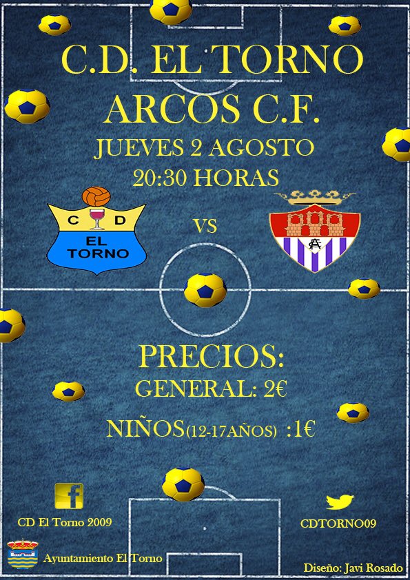 Proximo partido de pretemporada nos enfrentaremos al <a href="/arcoscf/">Arcos Club de Fútbol</a> .
📅 jueves 2 agosto
🕣 20:30 horas
🏟 municipal El Torno
<a href="/CDTORNO09/">C.D. El Torno 2009</a> vs <a href="/arcoscf/">Arcos Club de Fútbol</a> 
#vamostorno💛💙💛💙