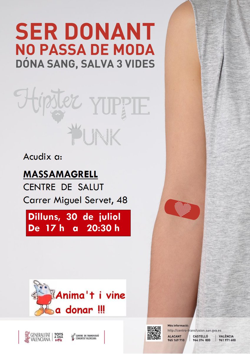 #Massamagrell| No existeix un substitut artificial de la sang, obtenir-la depèn de la teua generositat. #DónaSang #Salva3Vides. T'esperem hui!