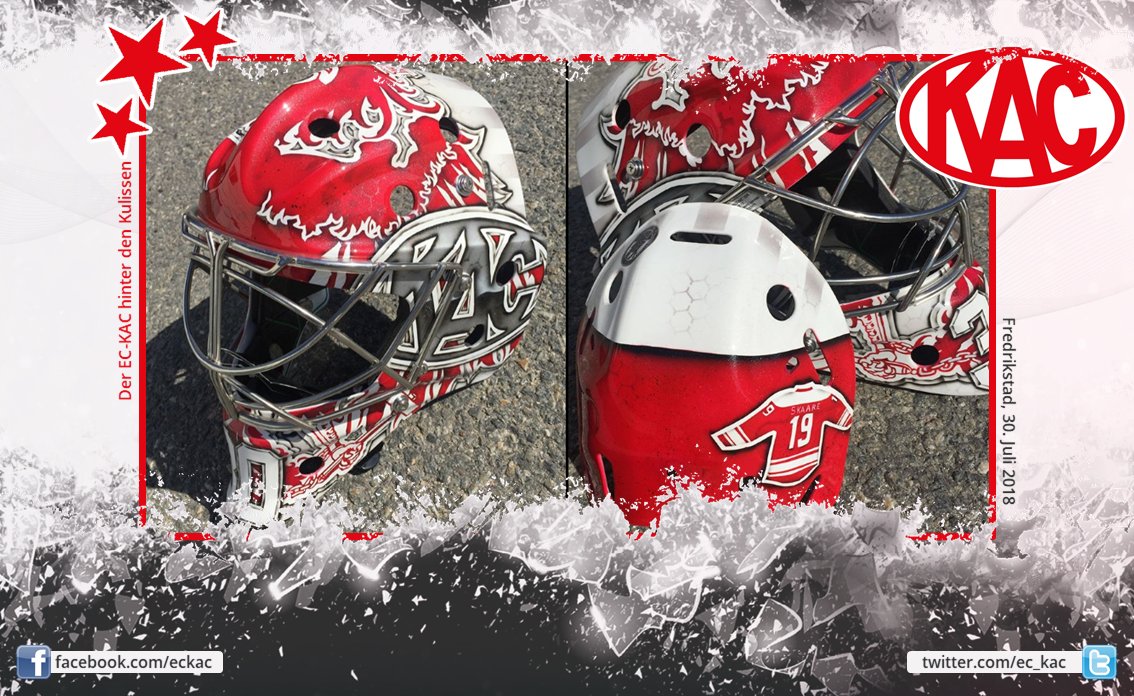 Der österreichische Bundesadler, das #Rotjacken-Logo, seine Trikotnummer und eine schöne Hommage an Landsmann und KAC-Legende Bjørn Skaare auf der Rückseite. Das ist die neue Maske von Lars Haugen! #EBEL  (Foto: Dennis Haanshuus)