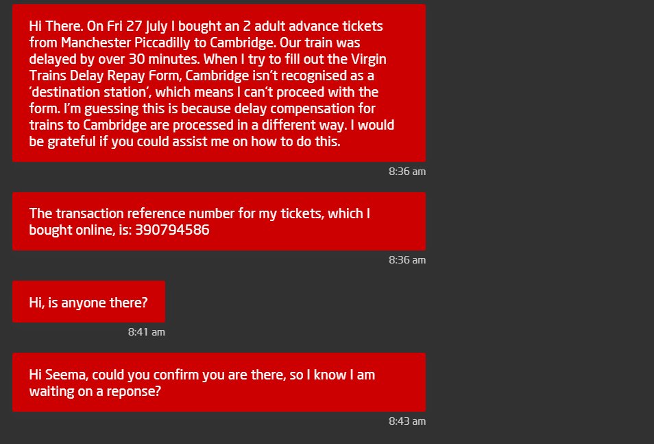 Nisadha's tweet photo. @VirginTrains What does it take to get rightful compensation for delayed train? Manual Form isn't applicable for me. Your Contact Centre directed me to Live Chat. On live chat, &amp; 20mins in still waiting on response. Do you deliberately make difficult to avoid payout? https://t.co/wgNSSpEaao