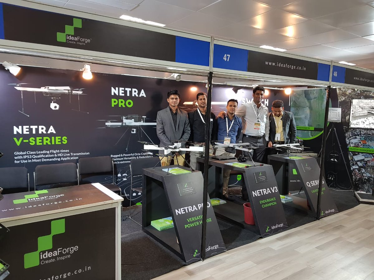 ideaforge_tech's tweet photo. The @ideaforge_tech team in action at the #PoliceExpo, @ficci_india
The complete suite of our products #NetraPRO, #NetraVSeries, #QSeries &amp; #SwitchHybrid, displayed for the first time.
@IPS_Association @BSF_India @crpfindia @CISFHQrs @DGSSB #drones https://t.co/bSh9xIhSPE