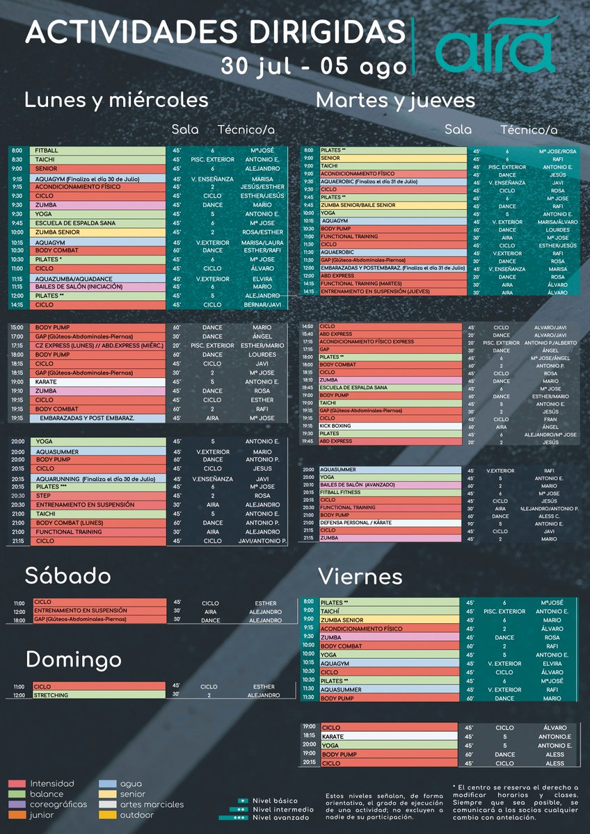 HORARIO AGOSTO I Llega agosto, pero el deporte no entiende de vacaciones. Nuevo mes, nuevos retos. ¡A por todas! 💪💪💪

➡️ Programa con todas las actividades dirigidas para este mes.

✅ Vigente desde el lunes 30 de julio hasta el 05 de agosto.
#fitness #agosto #viveaira