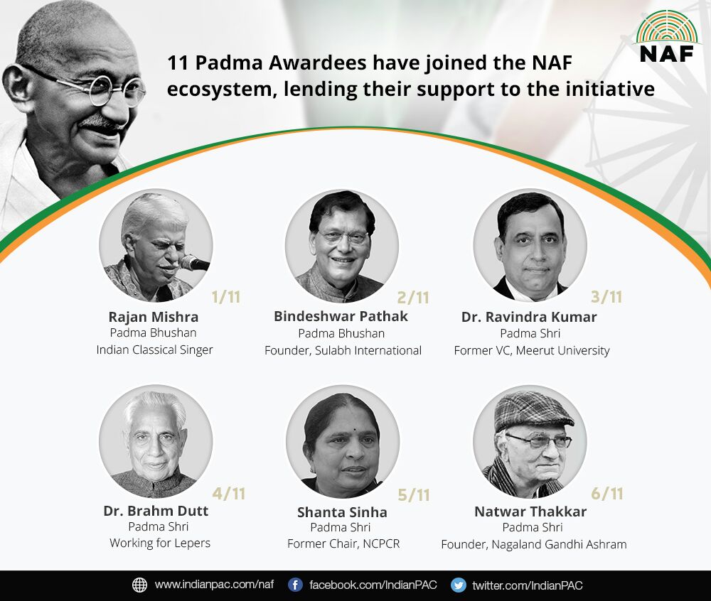 IndianPAC's tweet photo. We're proud to bring to you 11 Padma Awardees who have lent their support to #NationalAgendaForum till date! 
We thank them for their invaluable support in our efforts to spread Gandhiji's message. @bindeshwarpatha @BrahmDutt @NatwarThakkar #SupportforNAF (1/2) https://t.co/mXP3viOqCF