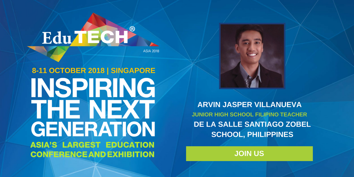 edutech_asia's tweet photo. Delighted to welcome Arvin Jasper Villanueva, Junior High School Filipino Teacher, De La Salle Santiago Zobel School, Philippines as a #teachtechtalk speaker at #EduTECHAsia on 8-10 October at Suntec, ๐ธ๐ฌ! Get your tickets now at https://t.co/Md8J4i3ARz https://t.co/m0s0JQlToT