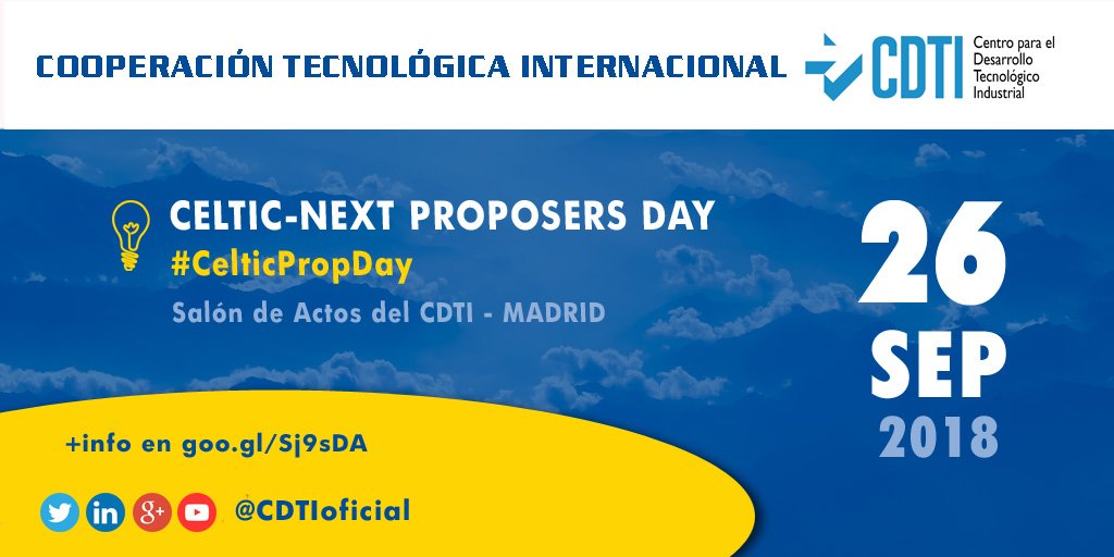 CDTI_innovacion's tweet photo. COOPERACIÓN TECNOLÓGICA INTERNACIONAL | El próximo 26 de septiembre se celebra la jornada Celtic-Next Proposers Day #CelticPropDay de @CelticPlus y @AMETIC_es en la sede de @CDTIoficial en Madrid > + info en https://t.co/u0s6ir0cKG #AyudasCDTI #proyectos #innovación #innovación https://t.co/W3ZfmH3mx9