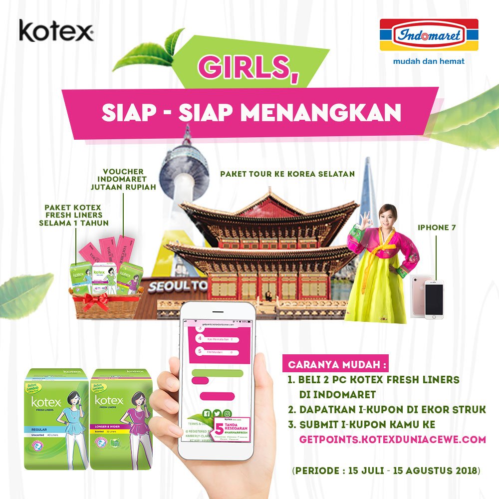 Indomaret's tweet photo. Siap siap menangin paket tour ke Korea Selatan, iPhone 7, voucher belanja Indomaret &amp; paket Kotex selama satu tahun. Caranya dengan beli 2 pc Kotex Fresh Liners di Indomaret dan dapatkan i-Kupon di struk lalu submit i-Kupon ke https://t.co/vRfCWexkjO https://t.co/j0HLMPPkfH