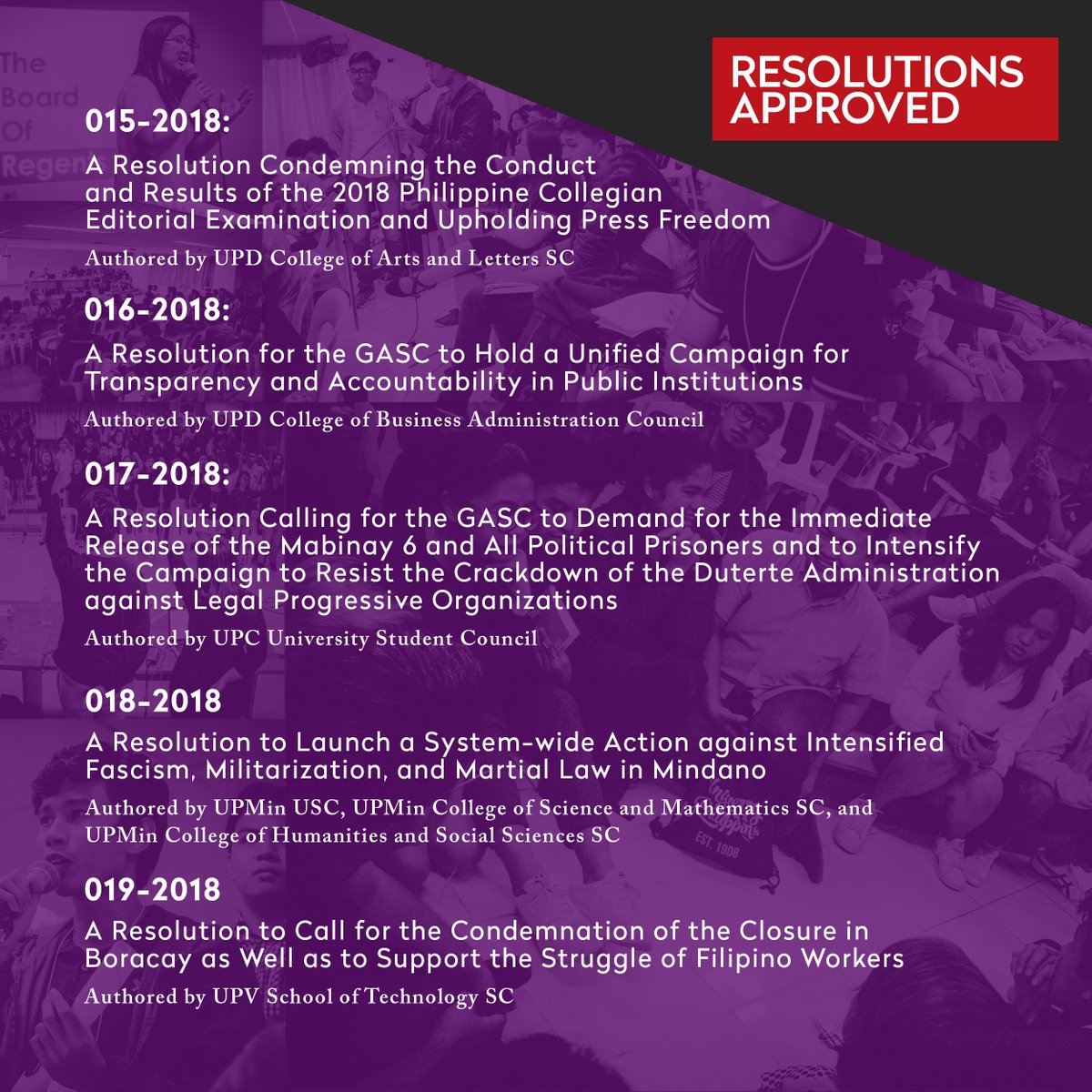phkule's tweet photo. After 12 grueling hours, all the student councils present at the 46th #GASC passed 14 resolutions, all via consensus. #FreeEdukNow #FreeAllPoliticalPrisoners #DefendKule #LibroHindiBala #EndVAWC #StandWithWorkers #StandWithFarmers #LayasMilitar #EndStateFascism #OustDuterte https://t.co/cZqbjHFgHo