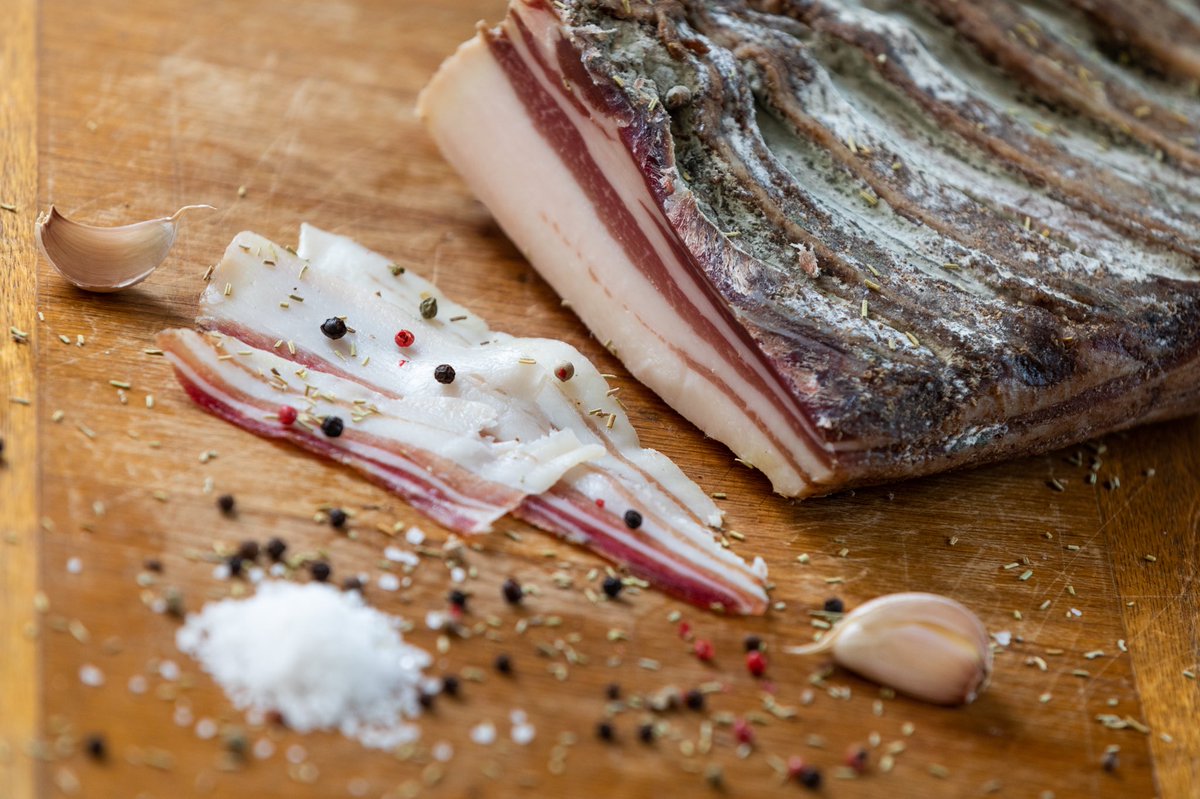 Pancetta-new recipe!! Seasoned with garlic , rosemary &amp; pepper, matured for 3 months and it tastes amazing! Will be selling this <a href="/KewMarket/">Kew Village Market</a> this Sunday.